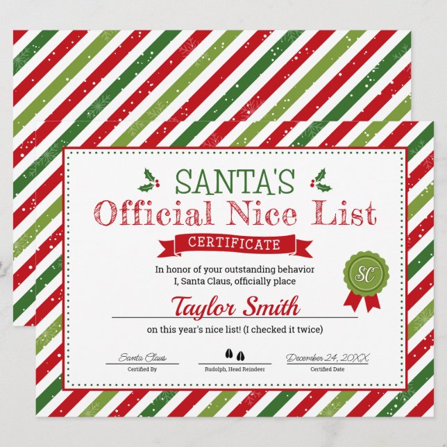Invitación Certificado de la Lista Buena de Santa (Anverso / Reverso)
