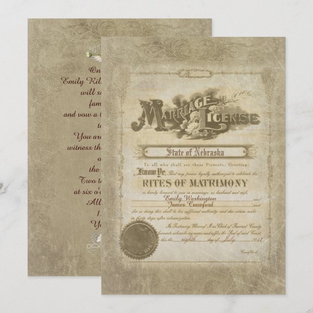 Invitación Certificado de matrimonio de vintage (Anverso / Reverso)