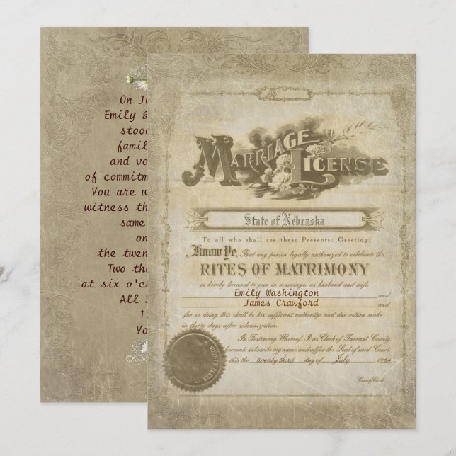 Invitación Certificado de matrimonio de vintage (Anverso / Reverso)