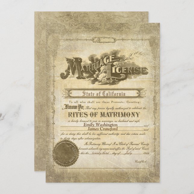 Invitación Certificado de Matrimonio Vintage (Anverso / Reverso)