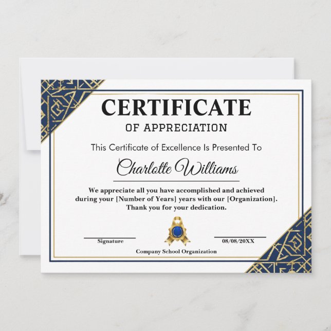 Invitación Certificado de Reconocimiento de Empleado Azul Oro (Anverso)