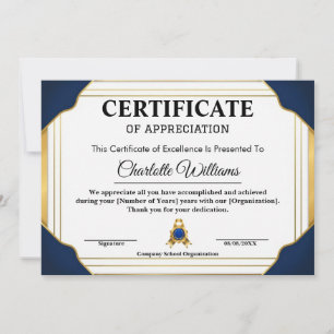 Invitación Certificado de Reconocimiento de Empleado Azul Oro