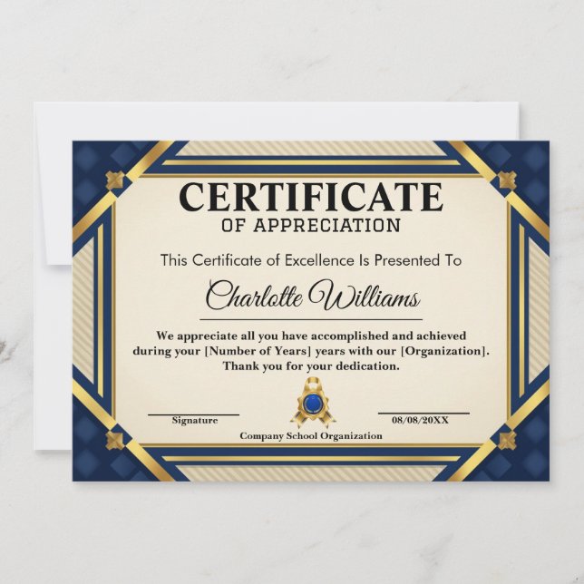 Invitación Certificado de Reconocimiento de Empleado Azul Oro (Anverso)
