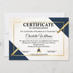 Invitación Certificado de Reconocimiento de Empleado Azul Oro