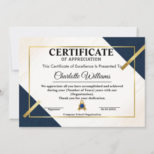 Invitación Certificado de Reconocimiento de Empleado Azul Oro (Anverso)
