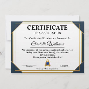 Invitación Certificado de Reconocimiento de Empleado Azul Oro