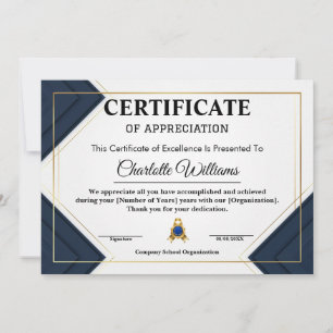 Invitación Certificado de Reconocimiento de Empleado Azul Oro