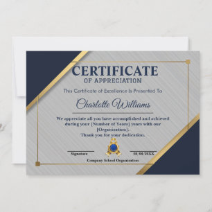 Invitación Certificado de Reconocimiento de Empleado Azul Oro