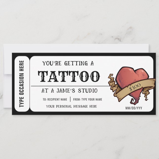 Invitación Certificado de regalo de boleto de tatuaje persona (Anverso)