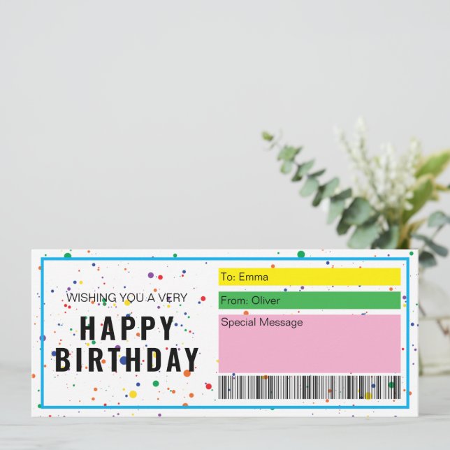 Invitación Certificado de regalo de cumpleaños presente (Anverso de pie)