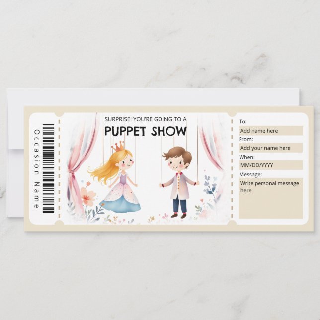 Invitación Certificado de regalo de espectáculo de títeres (Anverso)