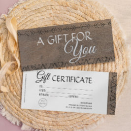 Invitación Certificado de regalo de estilo rústico boho