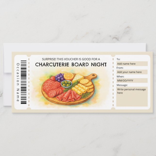Invitación Certificado de regalo de noche de tabla de charcut (Anverso)