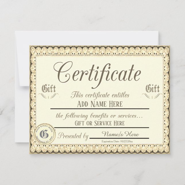 Invitación Certificado de regalo de oro (Anverso)