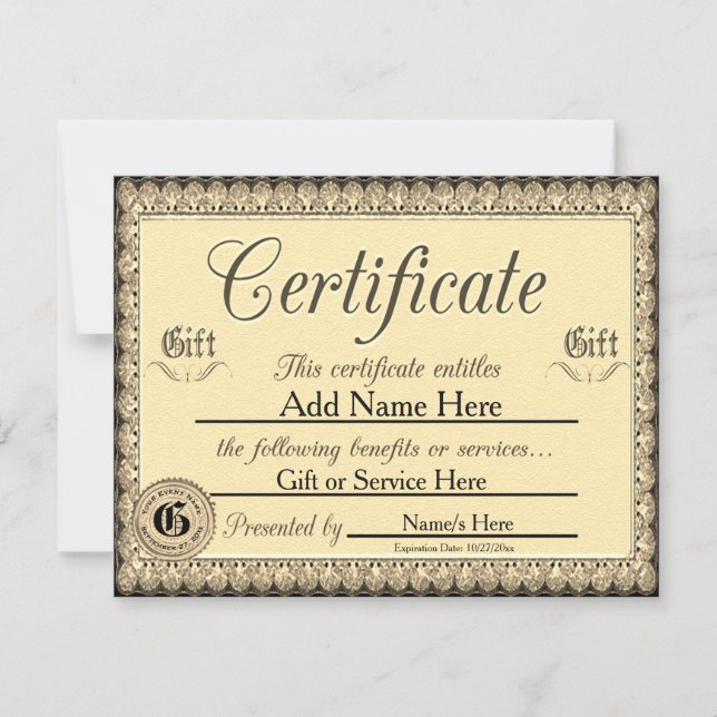 Invitación Certificado de regalo de oro de personalizado para (Anverso)