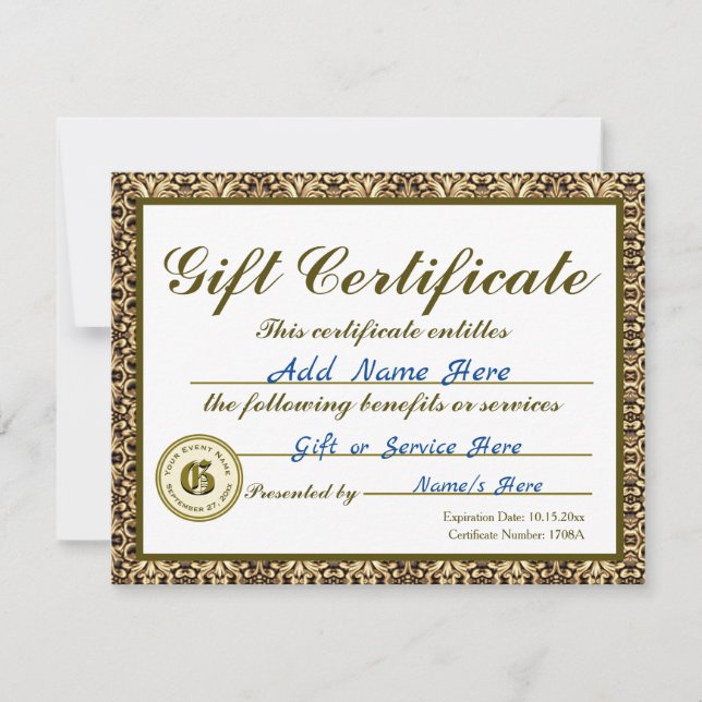 Invitación Certificado de regalo de oro personalizado para in (Anverso)