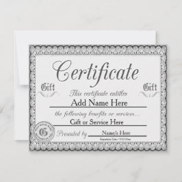 Invitación Certificado de regalo de plata personalizado para