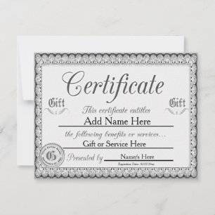 Invitación Certificado de regalo de plata personalizado para 