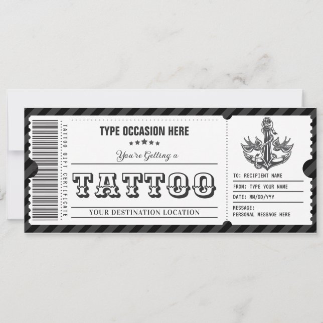 Invitación Certificado de regalo de tatuaje de personalizable (Anverso)