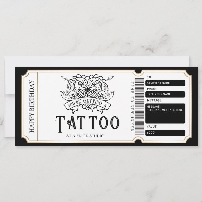Invitación Certificado de regalo de tatuaje personalizado (Anverso)