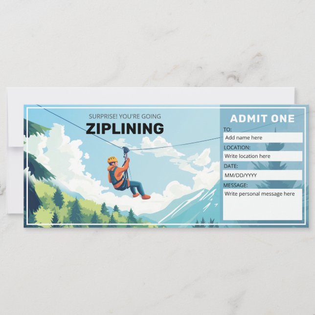 Invitación Certificado de regalo de Ziplining, billete de Zip (Anverso)