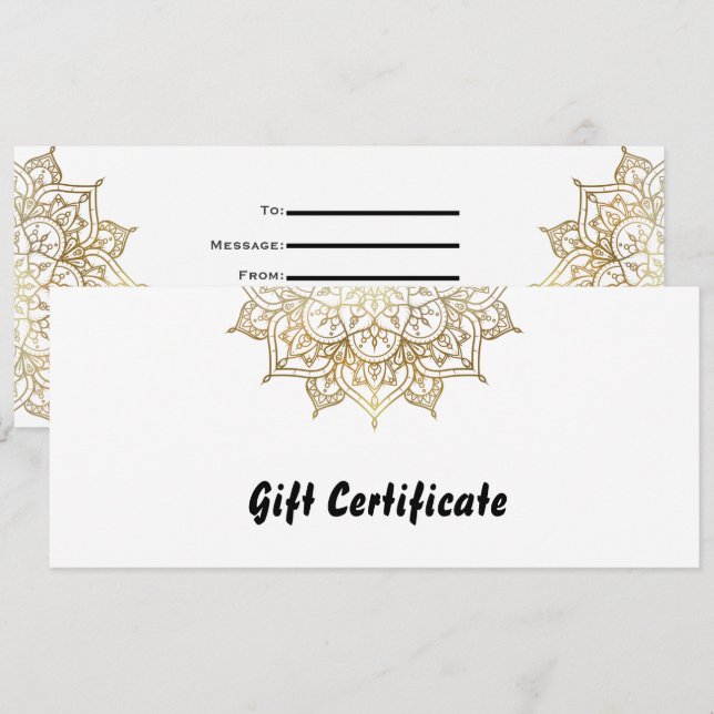 Invitación Certificado de regalo elegante de Mandala dorada y (Anverso / Reverso)