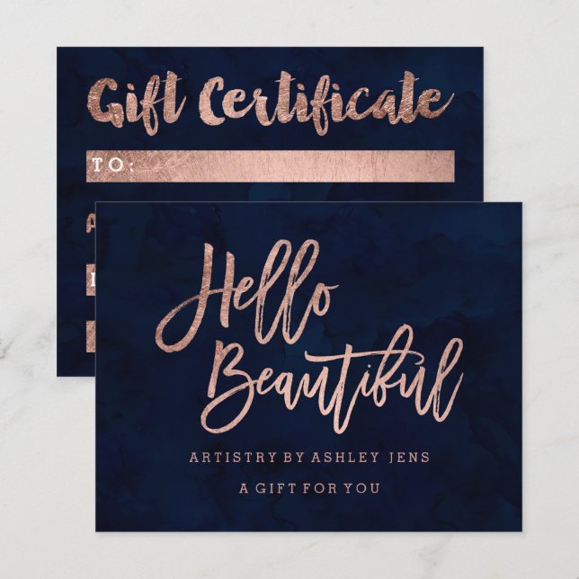 Invitación Certificado de regalo moda oro rosa hola azul mari (Anverso / Reverso)
