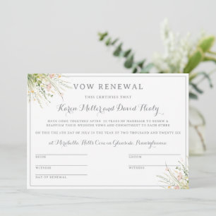 Invitación Certificado de renovación de votos de flores silve