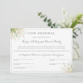 Invitación Certificado de renovación de votos de flores silve