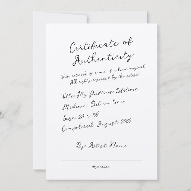 Invitación Certificado manuscrito de autenticidad (Anverso)