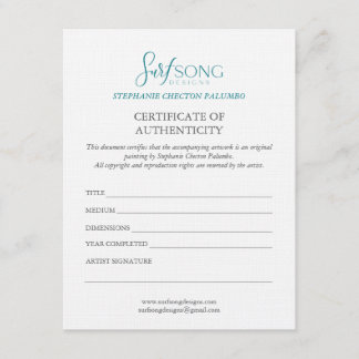 Invitación Certificate of Authenticity For Artwork
