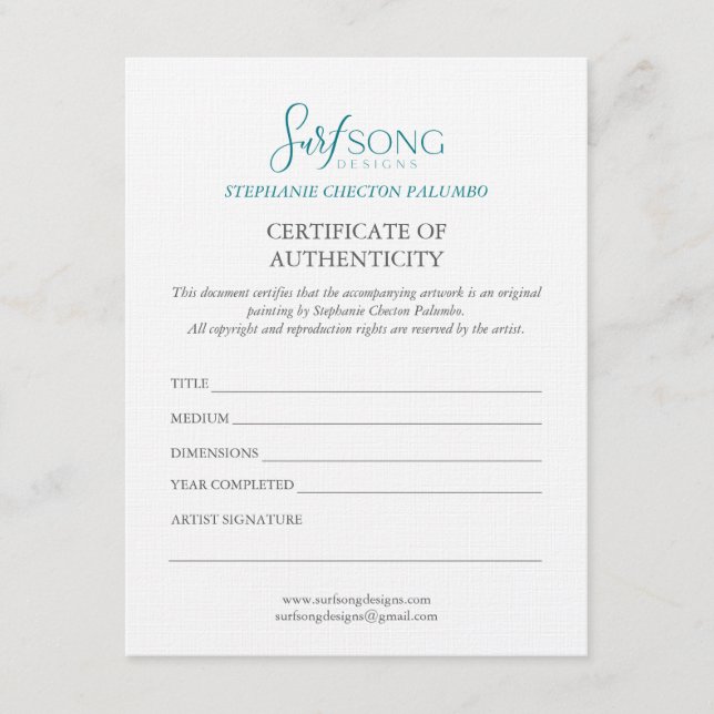 Invitación Certificate of Authenticity For Artwork (Anverso)