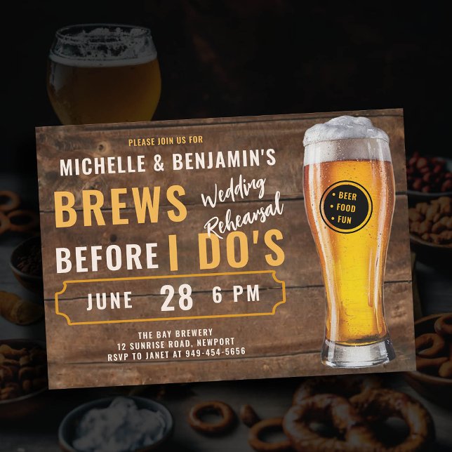Invitación Cervecería I Dos Boda Ensayo Madera (brews before i dos wedding rehearsal dinner invitation brewery theme rustic wood board beer party)
