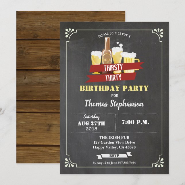 Invitación Cerveza 30 cumpleaños Treinta 30 pizarra de barra  (Anverso / Reverso)
