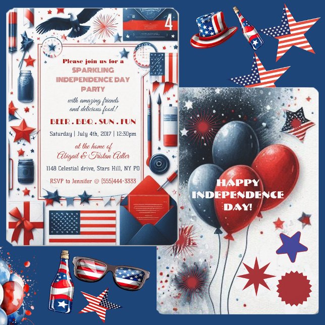 Invitación Cerveza BBQ 4 de julio Bald Eagle Fiesta Bandera A (Beer BBQ 4th July Bald Eagle American Flag Party Invitation)
