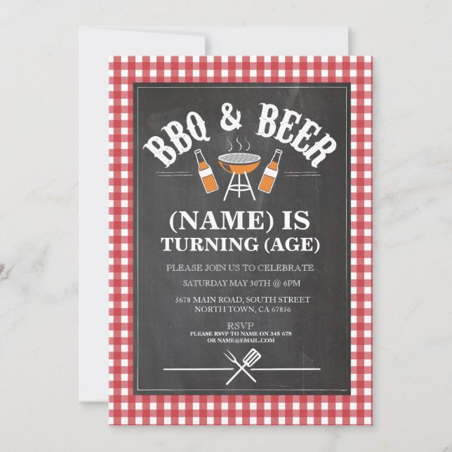 Invitación Cerveza BBQ fiesta de cumpleaños CUALQUIER AÑO Inv (Anverso)