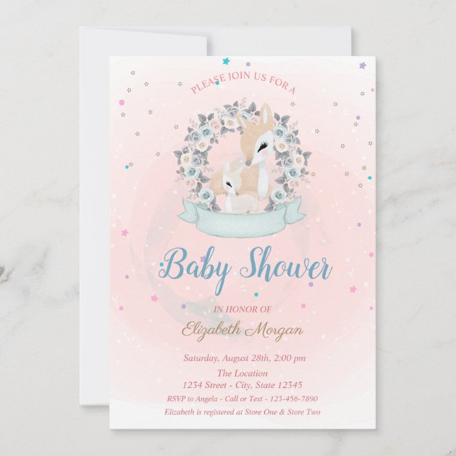 Invitación Cerveza bebé venado, Rosas azules estrellas Baby S (Anverso)