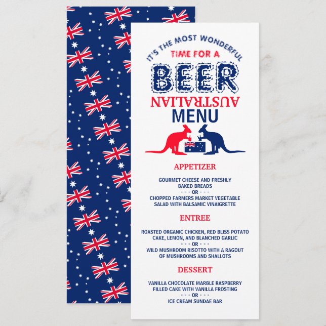 Invitación Cerveza canguro, bandera australiana, menú Navidad (Anverso / Reverso)