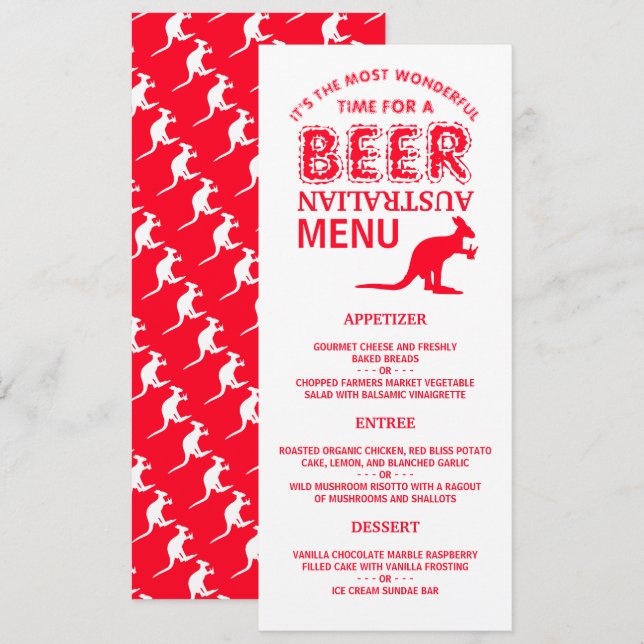 Invitación Cerveza canguro, menú Navidad australiano (Anverso / Reverso)