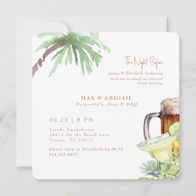 Invitación Cerveza Margaritas tropical y barbacoa la noche an (Anverso)