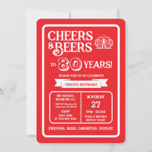 Invitación Cerveza Pub Cumpleaños Cheers y Cervezas a 80 Años