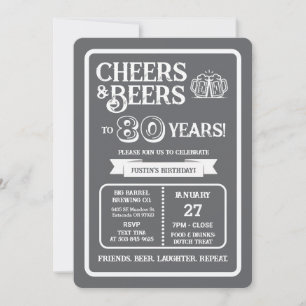 Invitación Cerveza Pub Cumpleaños Cheers y Cervezas a 80 Años