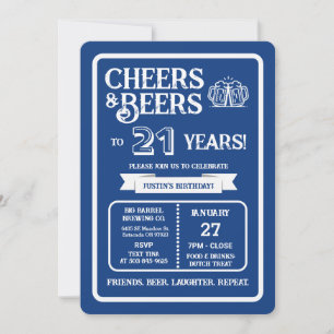 Invitación Cerveza Pub Cumpleaños Cheers y Cervezas por 21 Añ