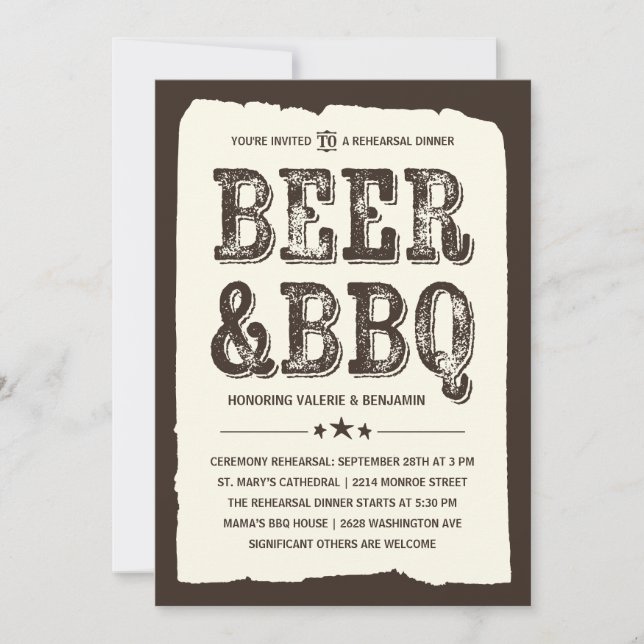 Invitación Cerveza y barbacoa | Cena de ensayo rústico (Anverso)