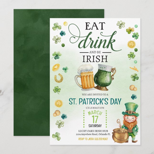 Invitación Cerveza y Cerveza St Patricks Día Leprechaun Verde (Anverso / Reverso)