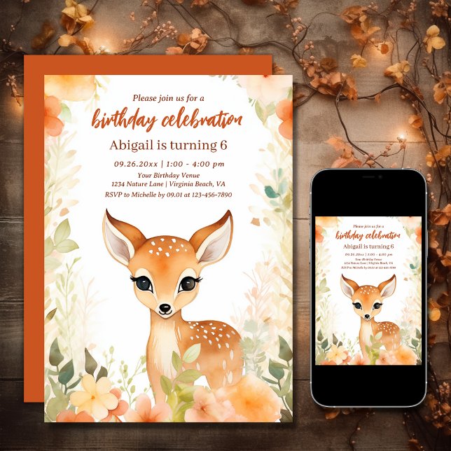 Invitación Cerveza y flores | Cumpleaños de Bonito Woodland (Printed and Digital - Cute Deer and Flowers Pretty Woodland Birthday Invitation)