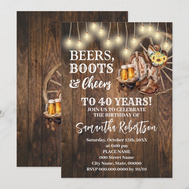 Invitación Cervezas Boots y vítores Sunflowers Cumpleaños Occ (Anverso / Reverso)