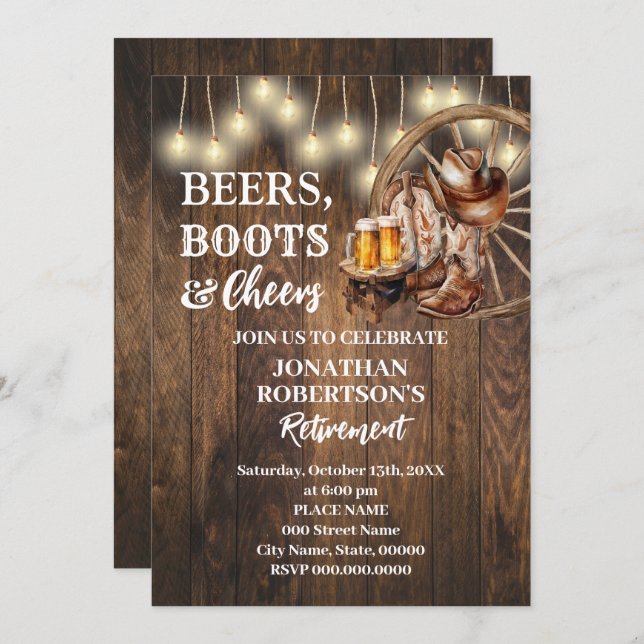Invitación Cervezas de jubilación Botas y Cheers Fiesta Occid (Anverso / Reverso)