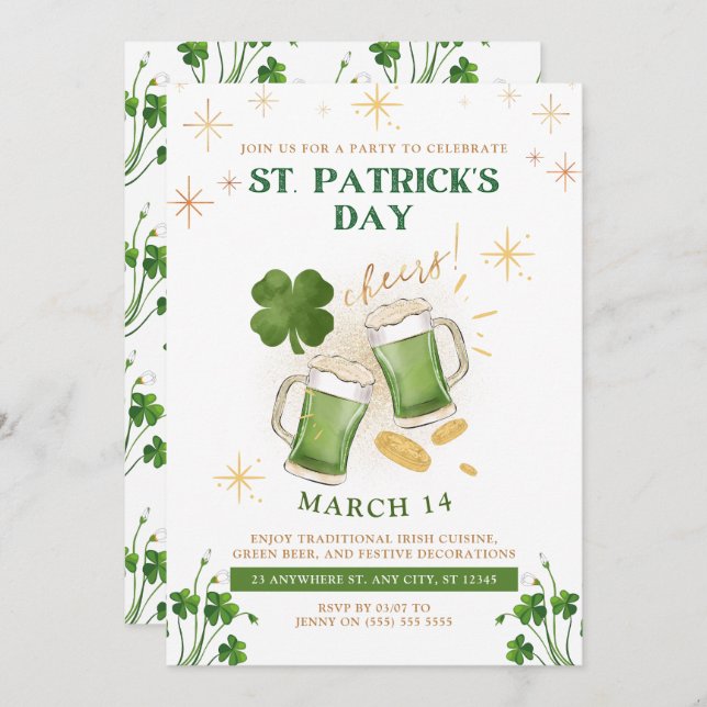 Invitación Cervezas irlandesas y vítores Fiesta del Día de Sa (Anverso / Reverso)