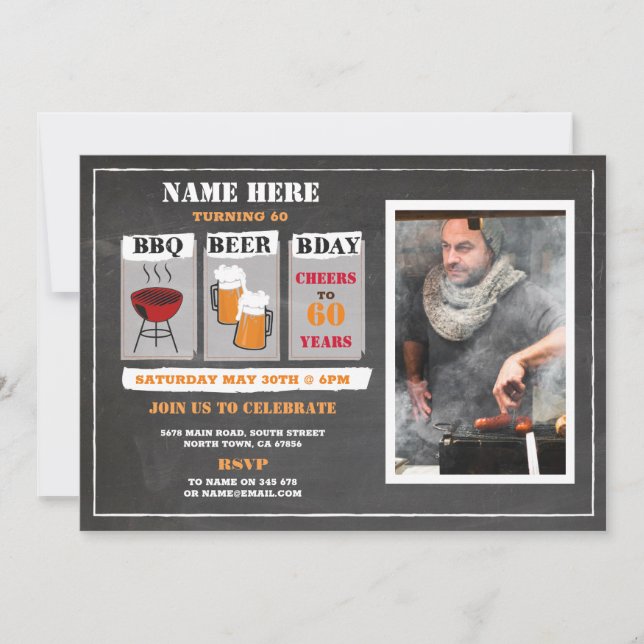 Invitación Cervezas para barbacoa Cumpleaños Chalk Mens Foto  (Anverso)